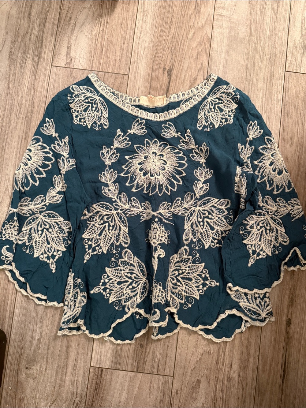 Women’s Teal Embroidered Peasant Top with Cream Floral Accents
